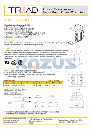 VPS10-2500 datasheet - POWER TRANSFORMER CHASSIS MOUNT : CONNECT WORLD SERIES