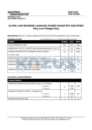 SHD116036 datasheet - ULTRA LOW REVERSE LEAKAGE POWER SCHOTTKY RECTIFIER Very Low Voltage Drop