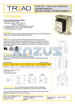 VPS20-2200 datasheet - POWER TRANSFORMER CHASSIS MOUNT : QUICK-CONNECT WORLD SERIES