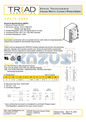 VPS10-8000 datasheet - POWER TRANSFORMER CHASSIS MOUNT : CONNECT WORLD SERIES