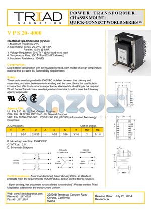 VPS20-4000 datasheet - POWER TRANSFORMER CHASSIS MOUNT : CONNECT WORLD SERIES