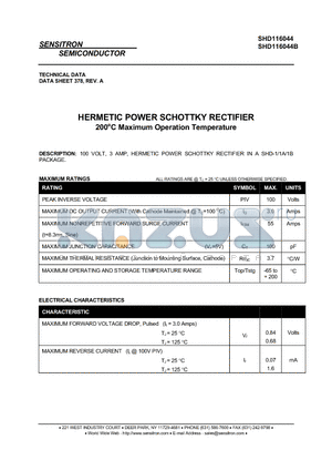 SHD116044 datasheet - HERMETIC POWER SCHOTTKY RECTIFIER 200`C Maximum Operation Temperature