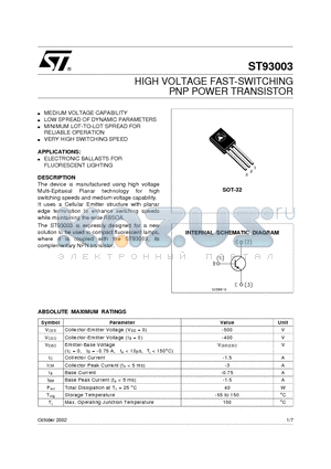 ST93003 datasheet - HIGH VOLTAGE FAST-SWITCHING PNP POWER TRANSISTOR