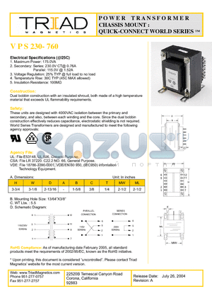 VPS230-760 datasheet - POWER TRANSFORMER CHASSIS MOUNT : QUICK-CONNECT WORLD SERIES