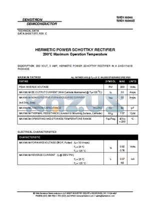 SHD116046 datasheet - HERMETIC POWER SCHOTTKY RECTIFIER 200C Maximum Operation Temperature