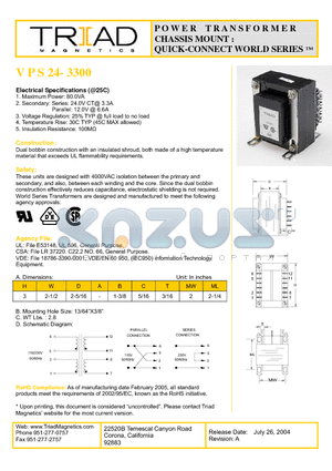 VPS24-3300 datasheet - POWER TRANSFORMER : QUICK-CONNECT WORLD SERIES