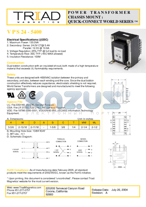 VPS24-5400 datasheet - POWER TRANSFORMER CHASSIS MOUNT : QUICK-CONNECT WORLD SERIES