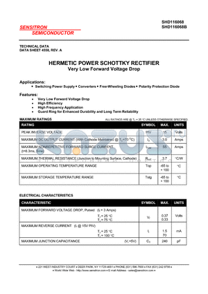 SHD116068 datasheet - HERMETIC POWER SCHOTTKY RECTIFIER Very Low Forward Voltage Drop