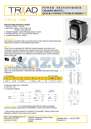 VPS24-7300 datasheet - POWER TRANSFORMER CHASSIS MOUNT : QUICK-CONNECT WORLD SERIES