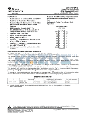 SN74LVC540AQDWRQ1 datasheet - OCTAL BUFFER/DRIVER WITH 3-STATE OUTPUTS