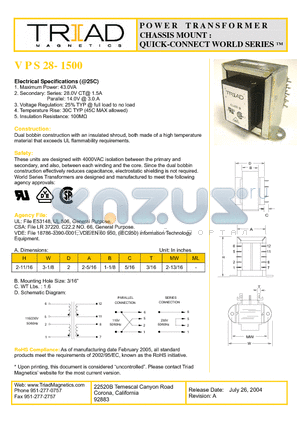 VPS28-1500 datasheet - POWER TRANSFORMER CHASSIS MOUNT : QUICK-CONNECT WORLD SERIES