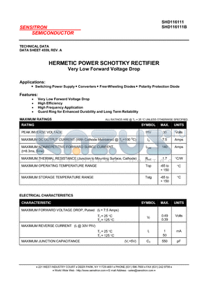 SHD116111B datasheet - HERMETIC POWER SCHOTTKY RECTIFIER Very Low Forward Voltage Drop