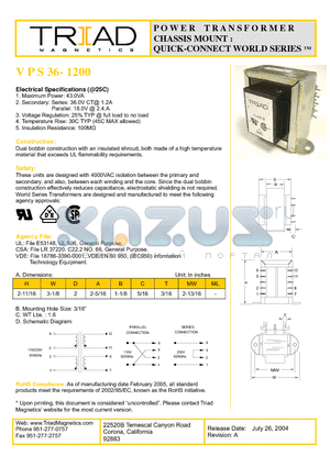 VPS36-1200 datasheet - POWER TRANSFORMER CHASSIS MOUNT : QUICK-CONNECT WORLD SERIES