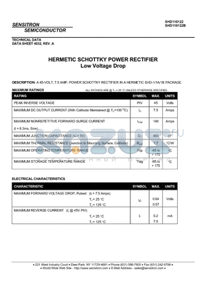 SHD116122B datasheet - HERMETIC SCHOTTKY POWER RECTIFIER Low Voltage Drop