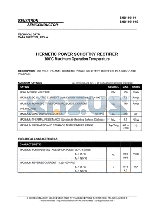 SHD116144B datasheet - HERMETIC POWER SCHOTTKY RECTIFIER 200`C Maximum Operation Temperature