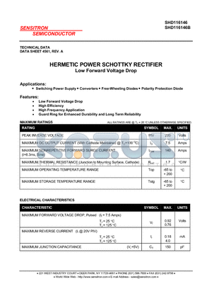 SHD116146 datasheet - HERMETIC POWER SCHOTTKY RECTIFIER Low Forward Voltage Drop