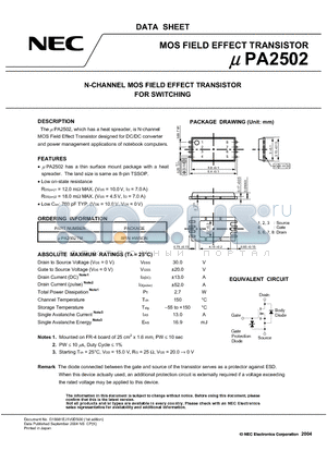 UPA2502 datasheet - N-CHANNEL MOS FIELD EFFECT TRANSISTOR FOR SWITCHING