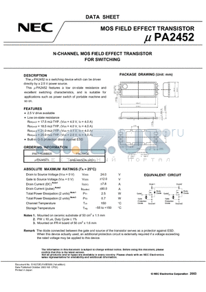 UPA2452TL datasheet - N-CHANNEL MOS FIELD EFFECT TRANSISTOR FOR SWITCHING