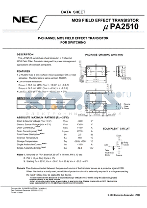 UPA2510 datasheet - P-CHANNEL MOS FIELD EFFECT TRANSISTOR FOR SWITCHING