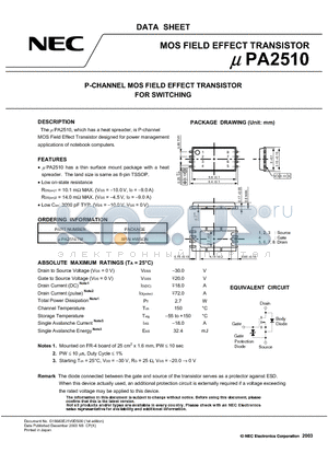 UPA2510TM datasheet - P-CHANNEL MOS FIELD EFFECT TRANSISTOR FOR SWITCHING