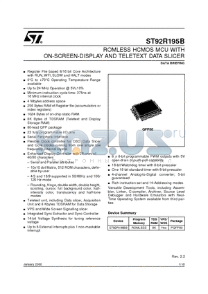 ST92R195B datasheet - ROMLESS HCMOS MCU WITH ON-SCREEN-DISPLAY AND TELETEXT DATA SLICER