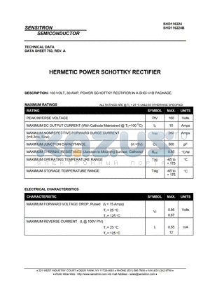 SHD116224 datasheet - HERMETIC POWER SCHOTTKY RECTIFIER