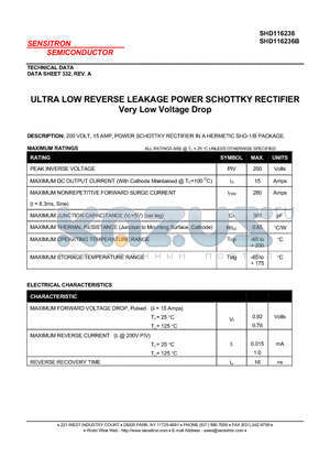 SHD116236 datasheet - 200 VOLT, 15 AMP, POWER SCHOTTKY RECTIFIER IN A HERMETIC SHD-1/B PACKAGE.