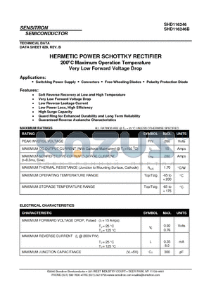 SHD116246B datasheet - HERMETIC POWER SCHOTTKY RECTIFIER 200`C Maximum Operation Temperature