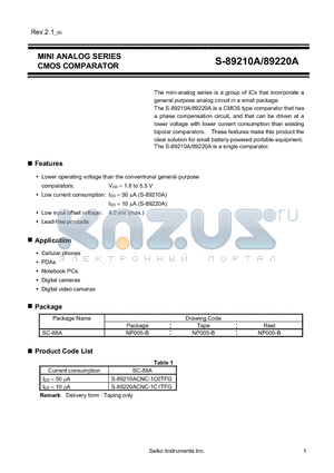 S-89210A datasheet - MINI ANALOG SERIES CMOS COMPARATOR