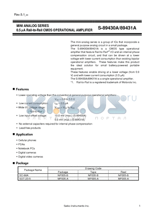 S-89430A datasheet - MINI ANALOG SERIES 0.5 lA Rail-to-Rail CMOS OPERATIONAL AMPLIFIER