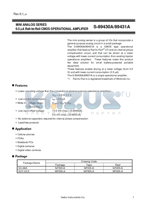 S-89430ACMC-HBUT2G datasheet - MINI ANALOG SERIES 0.5 lA Rail-to-Rail CMOS OPERATIONAL AMPLIFIER