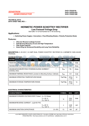 SHD117022 datasheet - HERMETIC POWER SCHOTTKY RECTIFIER Low Forward Voltage Drop