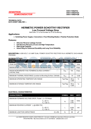 SHD117036 datasheet - HERMETIC POWER SCHOTTKY RECTIFIER Low Forward Voltage Drop