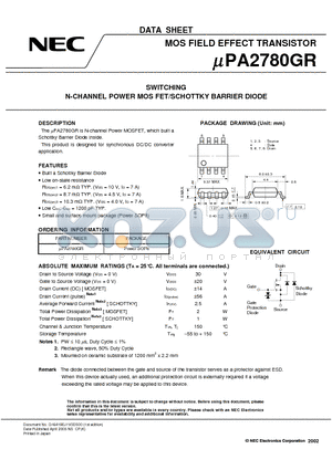 UPA2780GR datasheet - SWITCHING N-CHANNEL POWER MOSFET/SCHOTTKY BARRIER DIODE