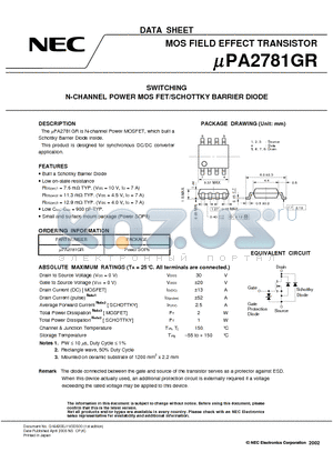 UPA2781GR datasheet - SWITCHING N-CHANNEL POWER MOSFET/SCHOTTKY BARRIER DIODE