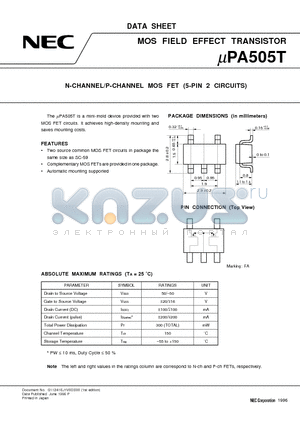 UPA505T datasheet - N-CHANNEL/P-CHANNEL MOS FET 5-PIN 2 CIRCUITS