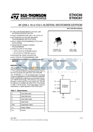 ST93C66B1TR datasheet - 4K 256 x 16 or 512 x 8 SERIAL MICROWIRE EEPROM