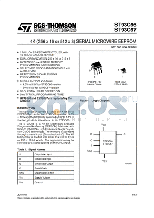 ST93C66B3TR datasheet - 4K 256 x 16 or 512 x 8 SERIAL MICROWIRE EEPROM