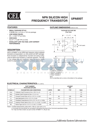 UPA800T datasheet - NPN SILICON HIGH FREQUENCY TRANSISTOR