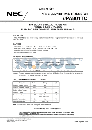 UPA801 datasheet - NPN SILICON EPITAXIAL TRANSISTOR WITH BUILT-IN 2 x 2SC5006 FLAT-LEAD 6-PIN THIN-TYPE ULTRA SUPER MINIMOLD