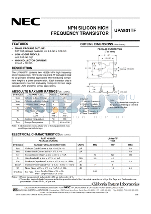 UPA801TF datasheet - NPN SILICON HIGH FREQUENCY TRANSISTOR