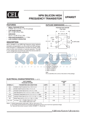 UPA802T datasheet - NPN SILICON HIGH FREQUENCY TRANSISTOR