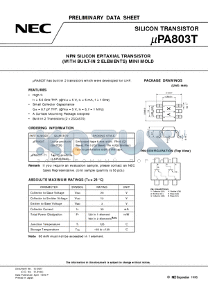 UPA803T datasheet - NPN SILICON EPITAXIAL TRANSISTOR WITH BUILT-IN 2 ELEMENTS MINI MOLD