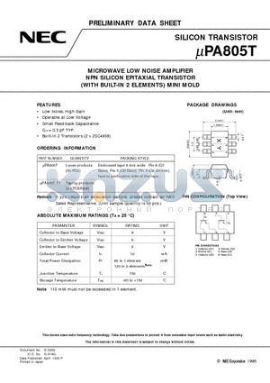 UPA805 datasheet - MICROWAVE LOW NOISE AMPLIFIER NPN SILICON EPITAXIAL TRANSISTOR WITH BUILT-IN 2 ELEMENTS MINI MOLD