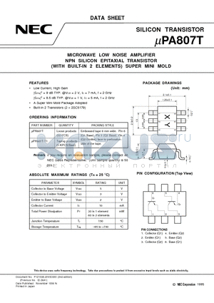 UPA807 datasheet - MICROWAVE LOW NOISE AMPLIFIER NPN SILICON EPITAXIAL TRANSISTOR WITH BUILT-IN 2 ELEMENTS SUPER MINI MOLD