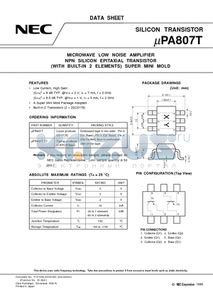 UPA807T-T1 datasheet - MICROWAVE LOW NOISE AMPLIFIER NPN SILICON EPITAXIAL TRANSISTOR WITH BUILT-IN 2 ELEMENTS SUPER MINI MOLD