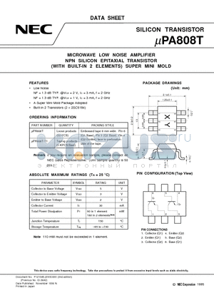 UPA808 datasheet - MICROWAVE LOW NOISE AMPLIFIER NPN SILICON EPITAXIAL TRANSISTOR WITH BUILT-IN 2 ELEMENTS SUPER MINI MOLD