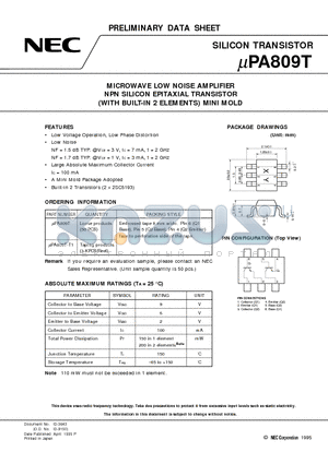 UPA809T datasheet - MICROWAVE LOW NOISE AMPLIFIER NPN SILICON EPITAXIAL TRANSISTOR WITH BUILT-IN 2 ELEMENTS MINI MOLD