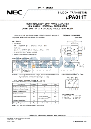 UPA811 datasheet - HIGH-FREQUENCY LOW NOISE AMPLIFIER NPN SILICON EPITAXIAL TRANSISTOR WITH BUILT-IN 2 x 2SC4228 SMALL MINI MOLD