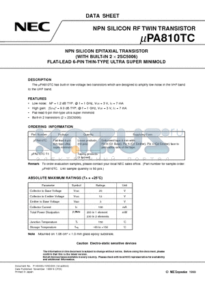 UPA810TC datasheet - NPN SILICON EPITAXIAL TRANSISTOR WITH BUILT-IN 2 x 2SC5006 FLAT-LEAD 6-PIN THIN-TYPE ULTRA SUPER MINIMOLD